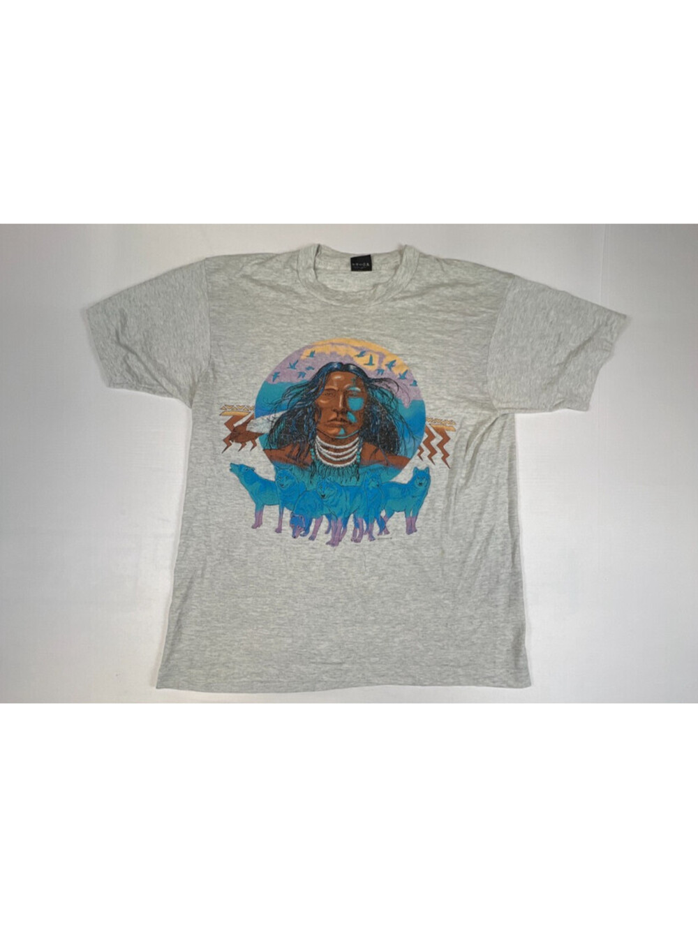 Vintage Screen Stars Best Men L Made In USA Native American Wolf T Shirt Gray